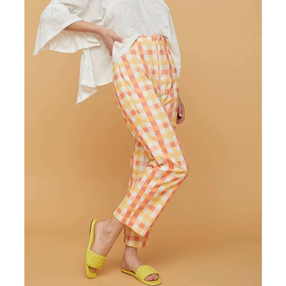 Free People She's All That Plaid Crop High Waist Pants 4 Orange Straight Cotton